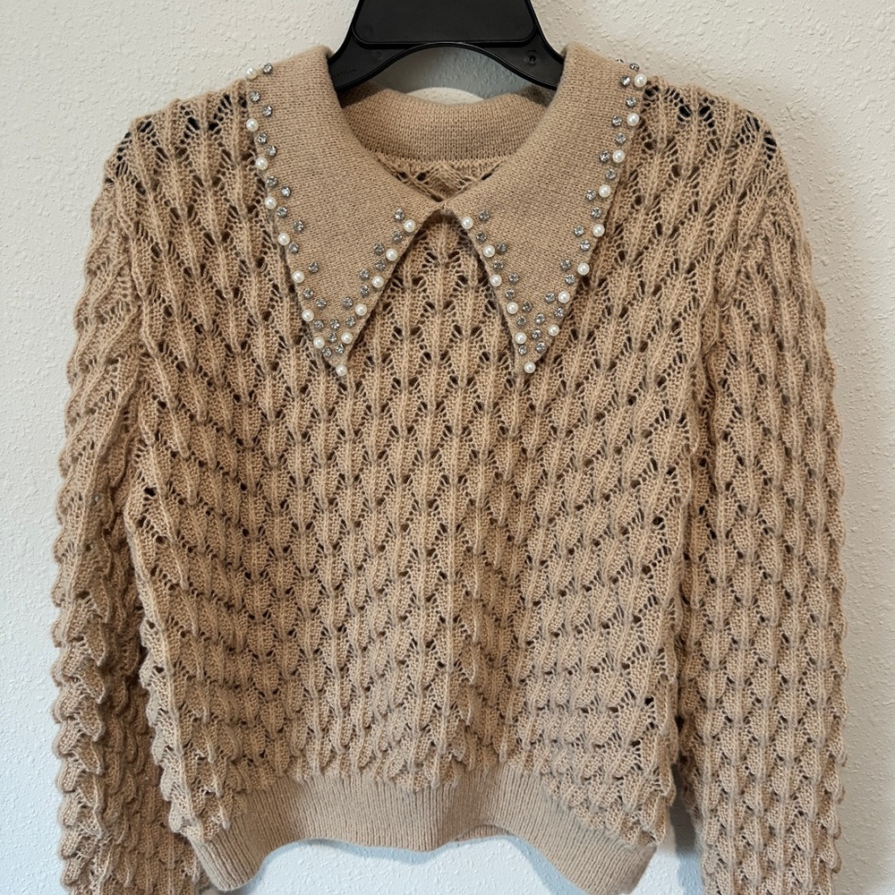 Beige Knit Sweater with Pearl Collar